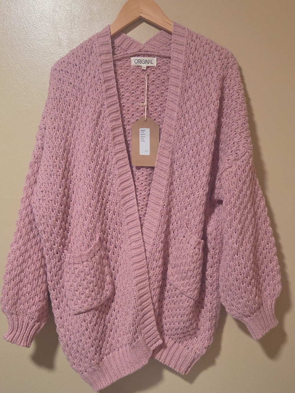 Original Cozy Chunky Knit Pink Open Cardigan with Pockets Oversized